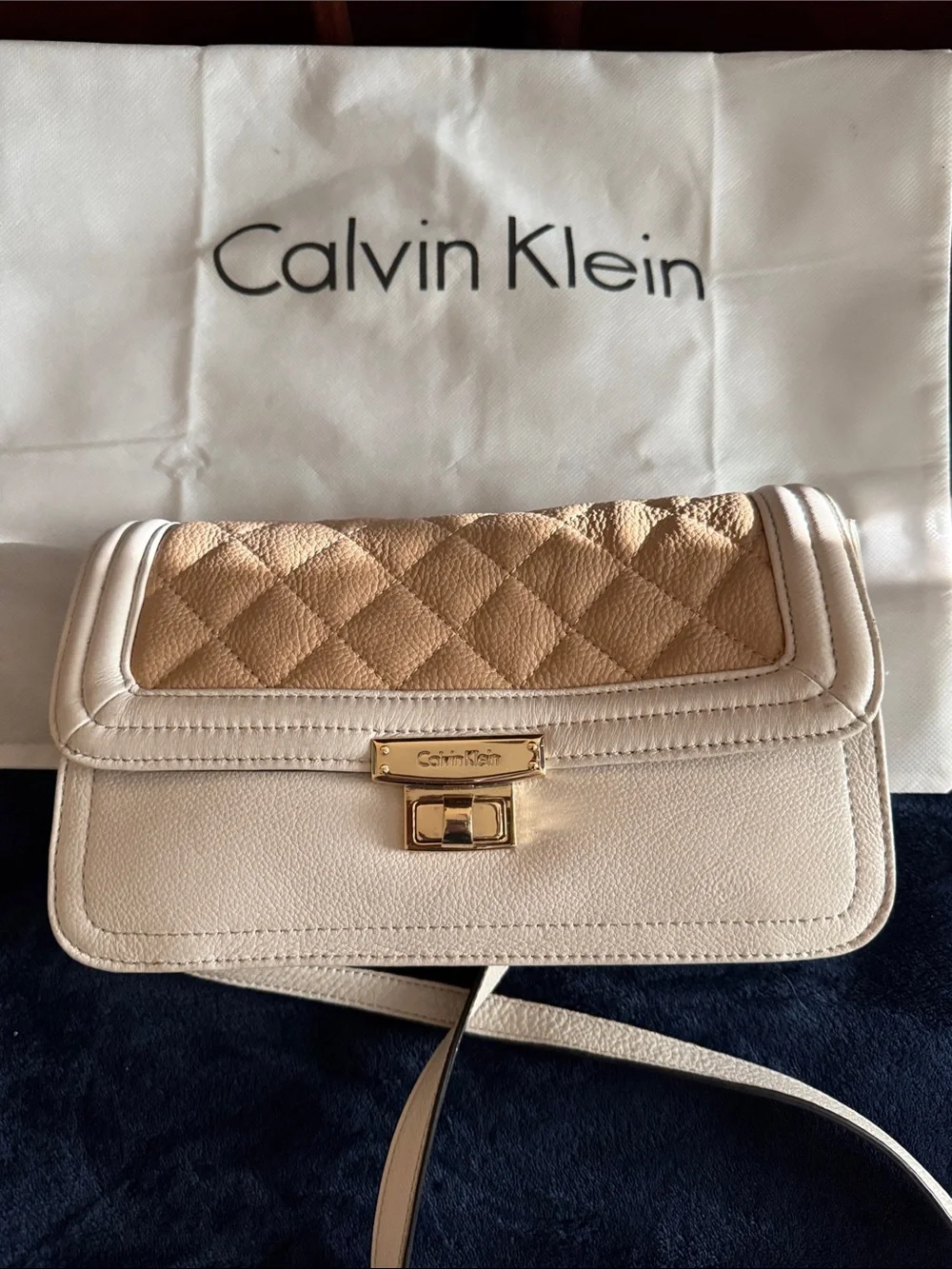 Calvin Klein Cream and Tan Quilted Flap Crossbody